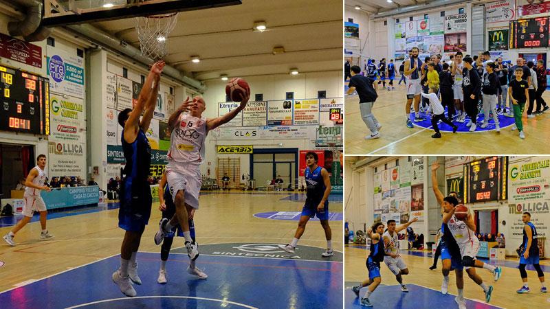 Giovanni Bruni a canestro; a destra, la festa per la vittoria a fine partita e, sotto, Edoardo Pedroni in entrata durante la gara (foto Michele Falorni/Silvi)