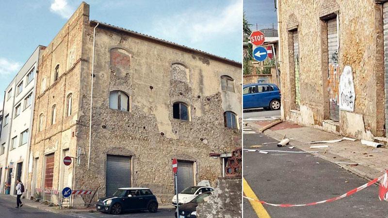 L’ex pastificio Nieri all’angolo tra via 2 giugno e via Fratelli Rosselli in centro a Cecina (foto Michele Falorni/Silvi) e, a destra, alcuni calcinacci caduti a terra dopo l’ultima ondata di maltempo a inizio novembre