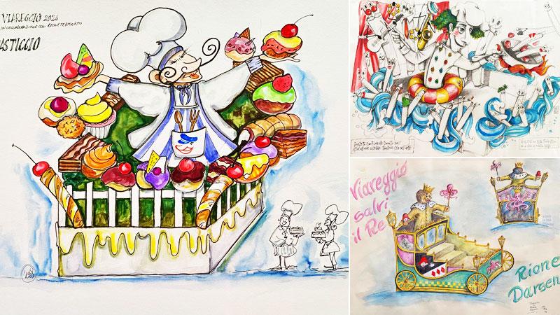 
	Da sinistra in senso orario i bozzetti dei Salmastrosi, dei Burlamatti e del Carneval Darsena

