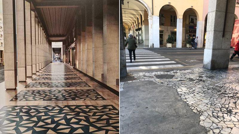 Un rendering di come verrà la nuova via Grande dopo i tanto discussi lavori per la nuova pavimentazione. A destra un’immagine attuale