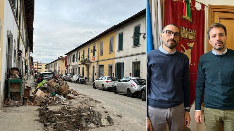 Sopra, detriti nella vie di Campi. A sinistra il sindaco Andrea Tagliafferri e l’assessore Lorenzo Ballerini