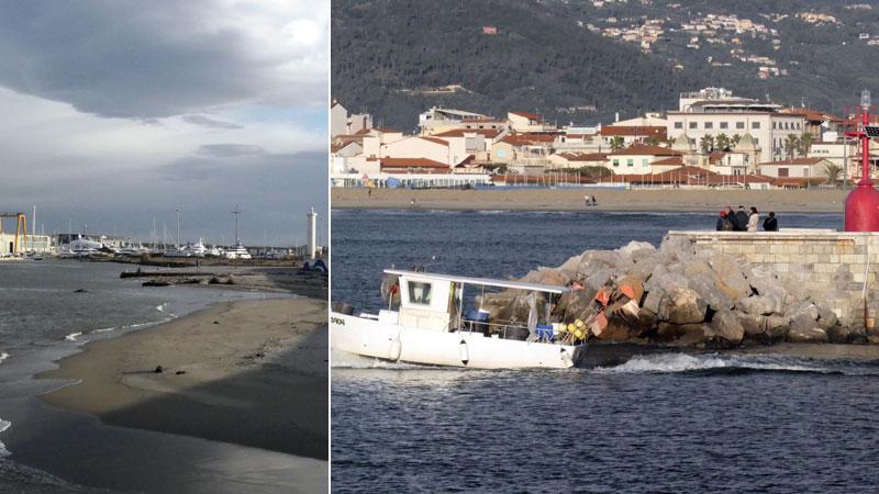 La spiaggia che si è creata al Moletto. La manovra di uscita e di ingresso va fatta tutta a ridosso del faro rosso (foto Paglianti)