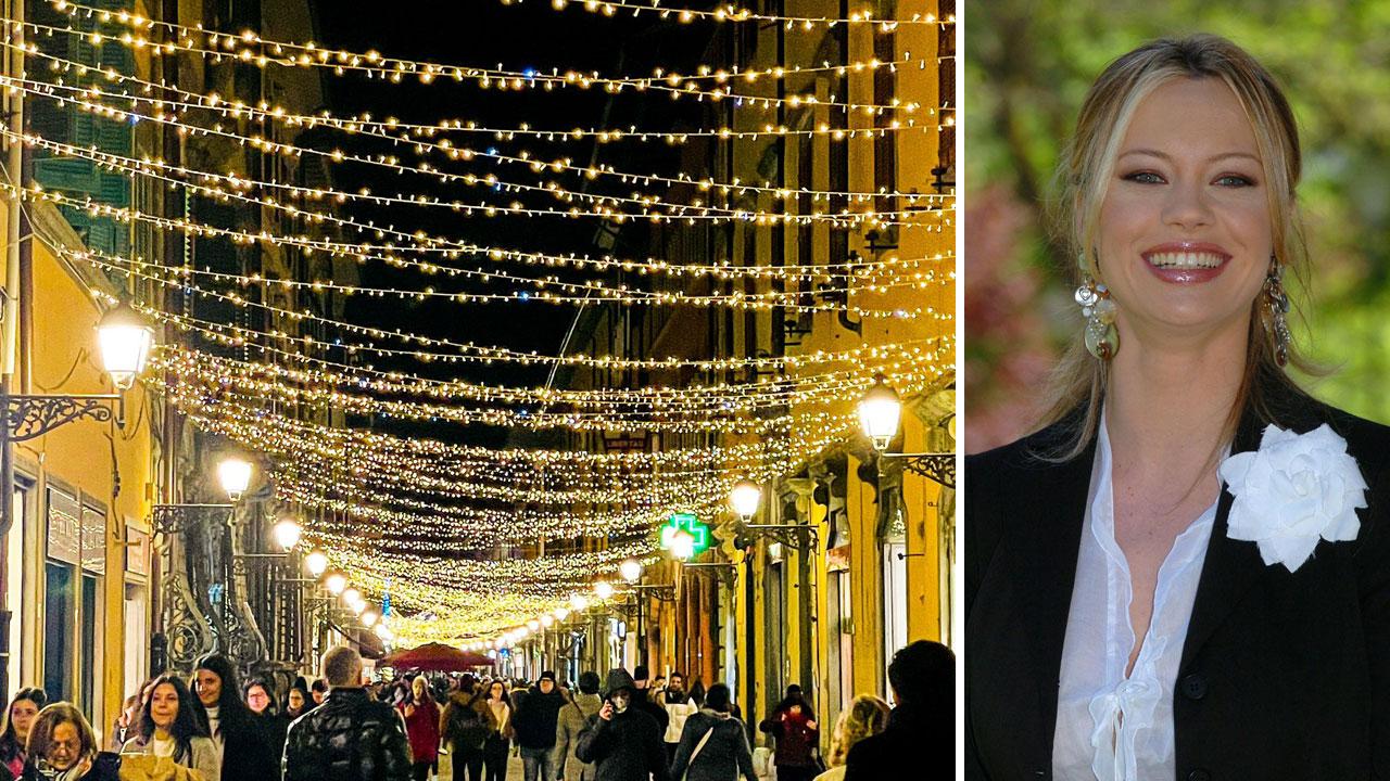 Le luci di Natale degli anni scorsi e, a destra, Anna Falchi