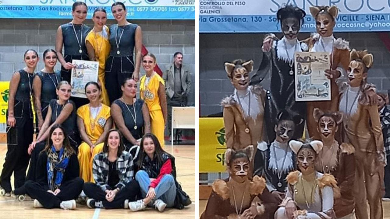 A sinstra le ragazze della Cigna e del Gymnasium insieme, a destra il gruppo de La Rosa