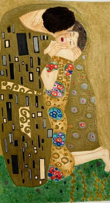 “Il bacio” di Klimt qui è stato riprodotto da Cesare Scano, 14 anni, studente al primo anno del Primo Liceo artistico di Torino