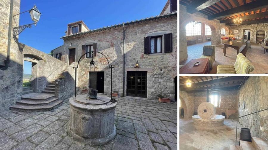 
	Nelle tre foto concesse dall&rsquo;agenzia immobiliare Mare, il cortile con l&rsquo;antico pozzo, uno dei saloni e un antico frantoio

