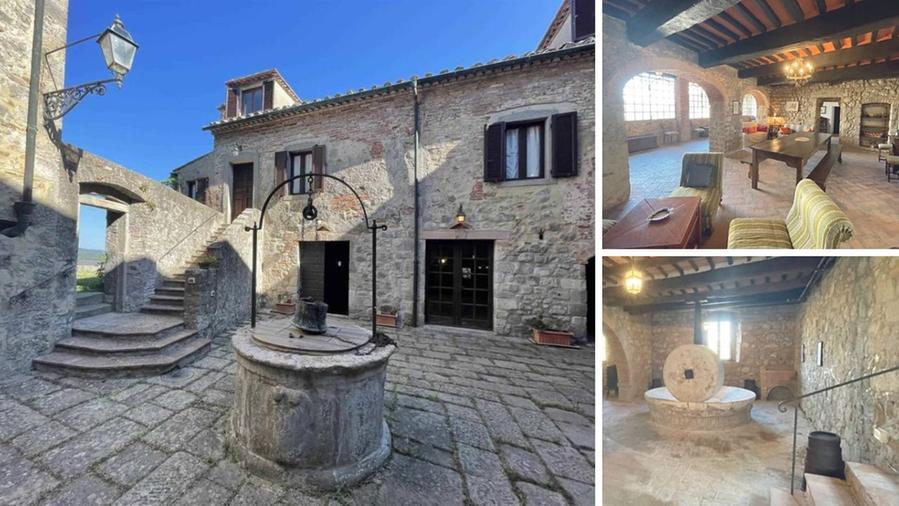 Nelle tre foto concesse dall’agenzia immobiliare Mare, il cortile con l’antico pozzo, uno dei saloni e un antico frantoio