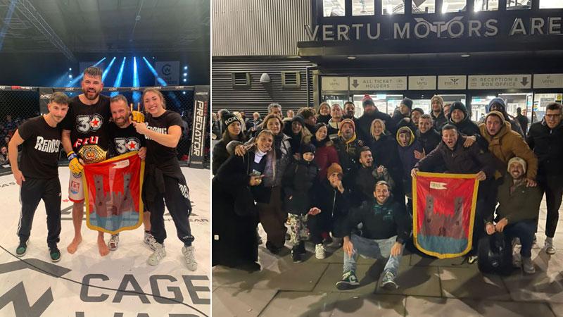 Dario Rizzoli con la bandiera del Fides sul ring di Newcastle con Simone Bartolucci, Massimo Rizzoli e Chiara Penco. A destra coi tifosi davanti alla Vertu Arena