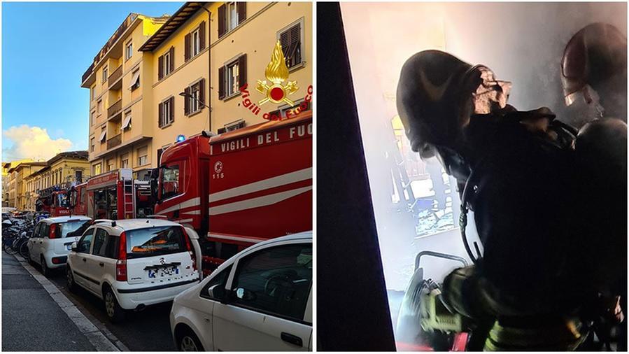 Le camionette in via Giotto e i vigili del fuoco dentro l'appartamento in fiamme