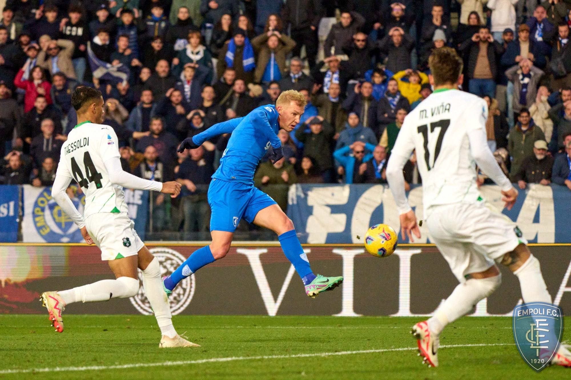Il gol del momentaneo 3-3 contro il Sassuolo siglato allo scadere da Viktor Kovalenko nella sfida di domenica scorsa (foto Empoli Fc)