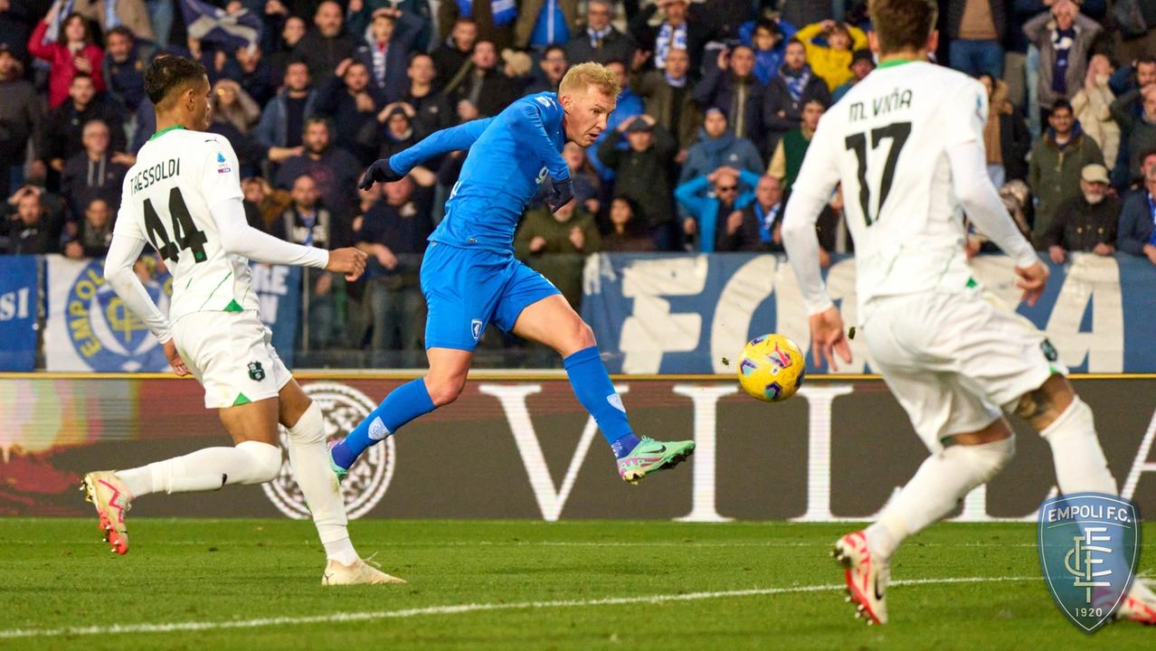 Il gol del momentaneo 3-3 contro il Sassuolo siglato allo scadere da Viktor Kovalenko nella sfida di domenica scorsa (foto Empoli Fc)