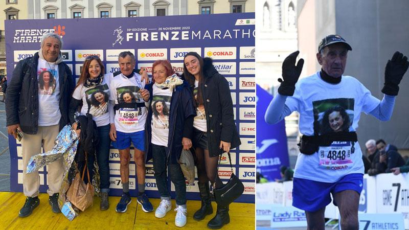 Mauro Pelagagge al traguardo con la famiglia e in gara con la foto della figlia sulla maglietta
