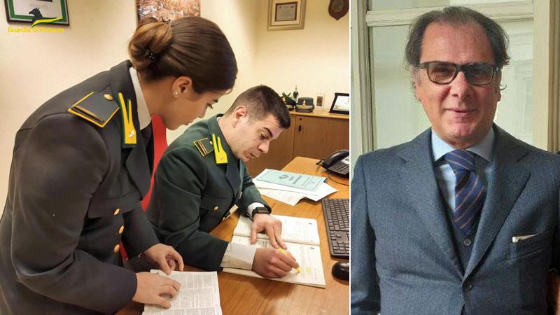 A sinistra le fiamme gialle impegnate negli accertamenti a destra il professore ex curatore Riccardo Della Santina