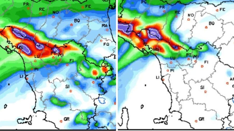 
	A sinistra le piogge previste gioved&igrave; 30 novembre; a destra quelle del 1 dicembre


