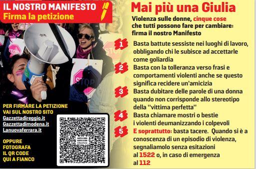 «Mai più una Giulia» La Gazzetta di Reggio lancia un Manifesto per combattere la violenza sulle donne FIRMA QUI