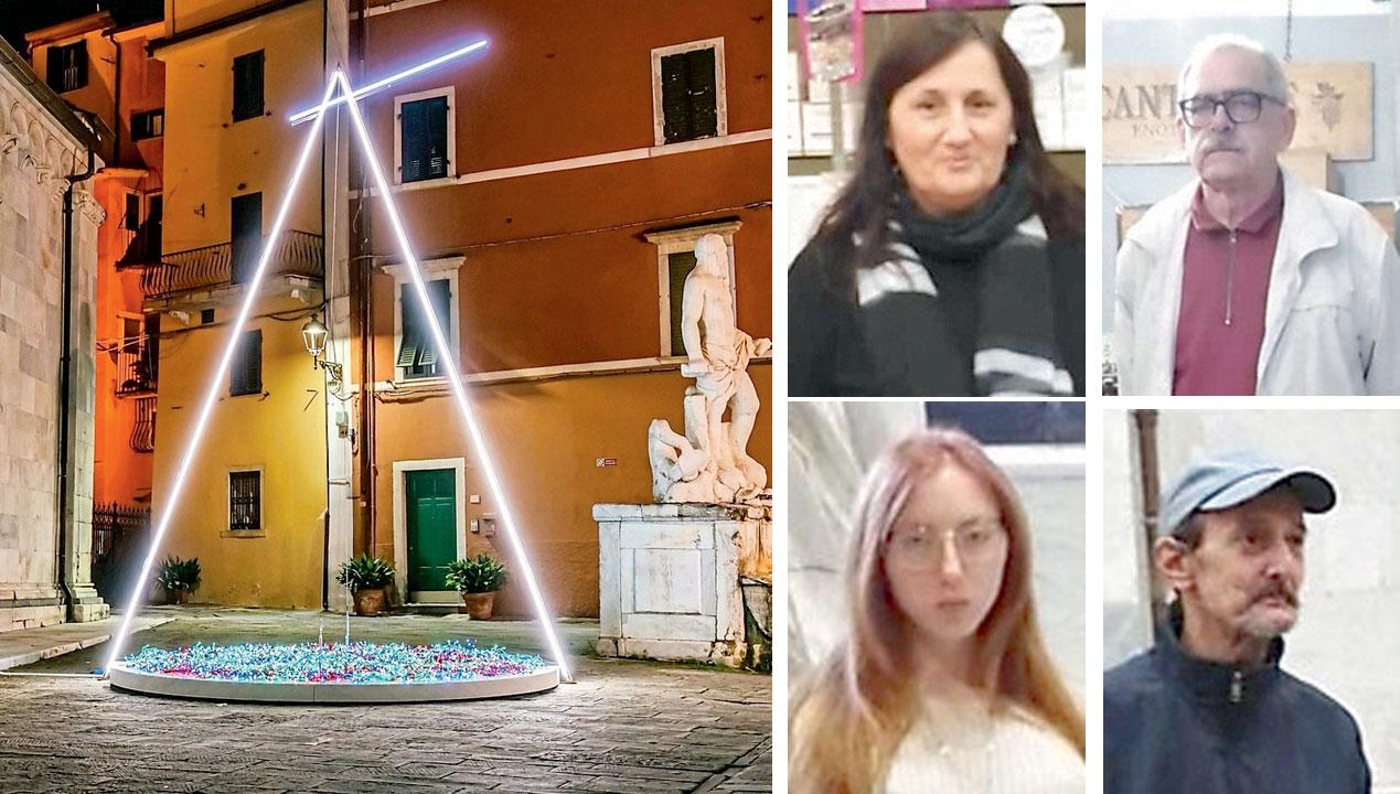 Nella foto a sinistra l'albero cosmico. In alto partendo da sinistra Antronella Dentoni e Luigi Particelli. In basso, sempre da sinistra Ilaria Giorgi e Stefano Cappè