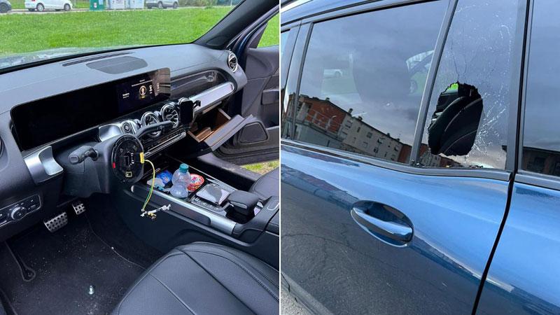 A sinistra un’auto Mercedes a cui è stato rubato il volante; a destra il finestrino rotto