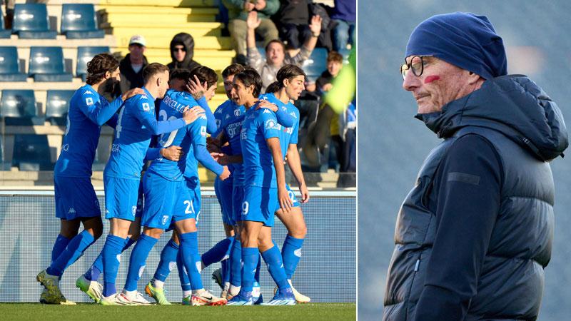 Un’esultanza degli azzurri nell’ultima partita casalinga contro il Sassuolo e a destra mister Andreazzoli (Foto Juri Autovino)