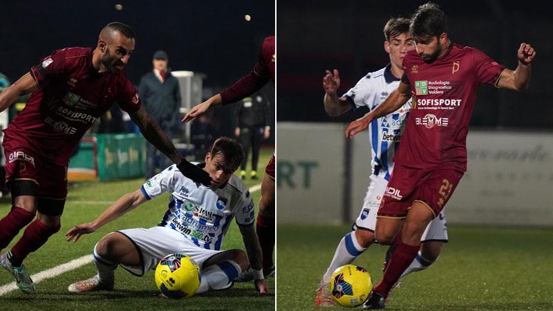 A sinistra Catanese, a destra Perretta in azione contro il Pescara (foto Silvi)