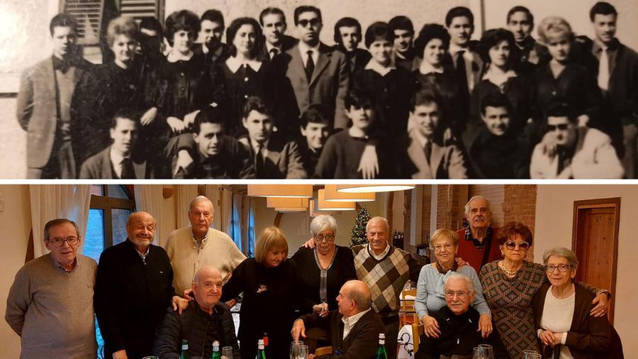 In alto la foto della classe al completo nel 1963 i ragazzi della 5ª B l’altra sera al ristorante