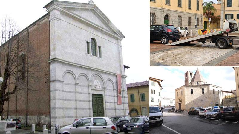 Nella foto più grande auto parcheggiate nei pressi della chiesa di San Martino; a destra la rimozione coatta delle auto da piazza San Francesco e una veduta di piazza San Sepolcro