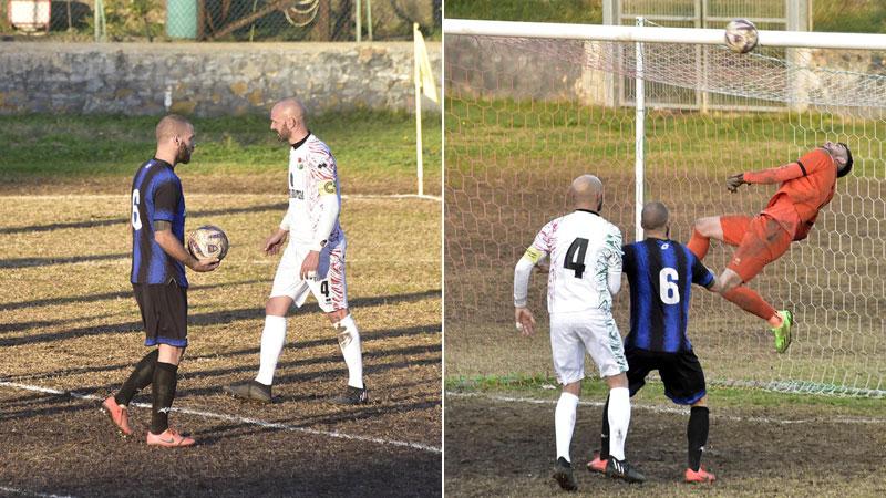 Fatticcioni va sul dischetto e segna il gol del momentaneo 1-2 (foto Paolo Barlettani). La traversa colpita dal Piombino nei minuti finali (foto Paolo Barlettani)