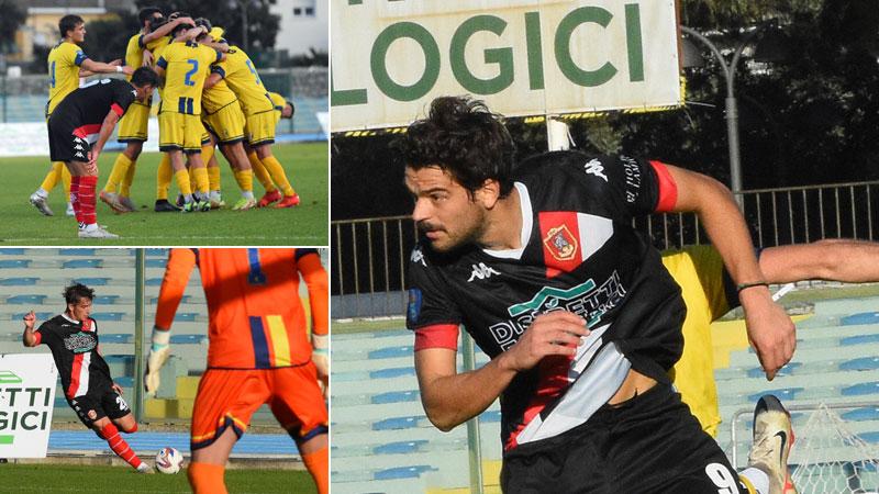 A sinistra in alto l’esultanza degli ospiti dopo il gol. Sotto un tentativo di Sabelli, a fianco la grinta di Marzierli (foto Bf)