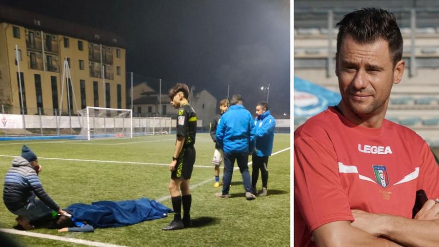 
	A sinistra l'arbitro dopo l'aggressione del calciatore 15enne, a destra il presidente degli arbitri toscani Tiziano Reni

