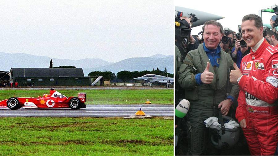 
	A sinistra lo scontro fra la Rossa di Schumacher e l&rsquo;Eurofighter pilotato dallo astronauta Maurizio Chelli, a destra i due piloti (fotoservizio Agenzia Bf)

