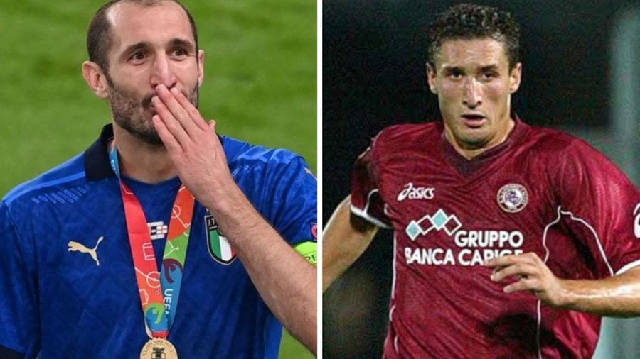 
	A sinistra Chiellini con la Nazionale dopo la vittoria dell'Europeo, a destra giovanissimo con la maglia del Livorno

