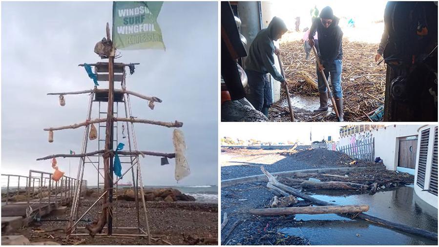Livorno, l’albero di Natale della plastica per rilanciare la spiaggia disastrata dalle mareggiate