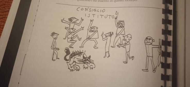 
	Il bozzetto realizzato dallo storico preside Castelli a rappresentare il consiglio d'istituto del cecioni di quei tempi

