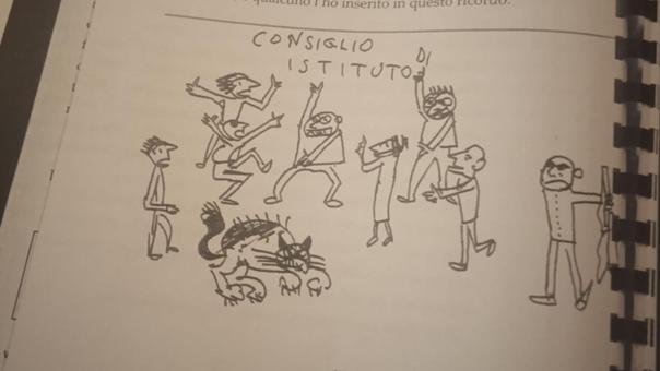 Il bozzetto realizzato dallo storico preside Castelli a rappresentare il consiglio d'istituto del cecioni di quei tempi