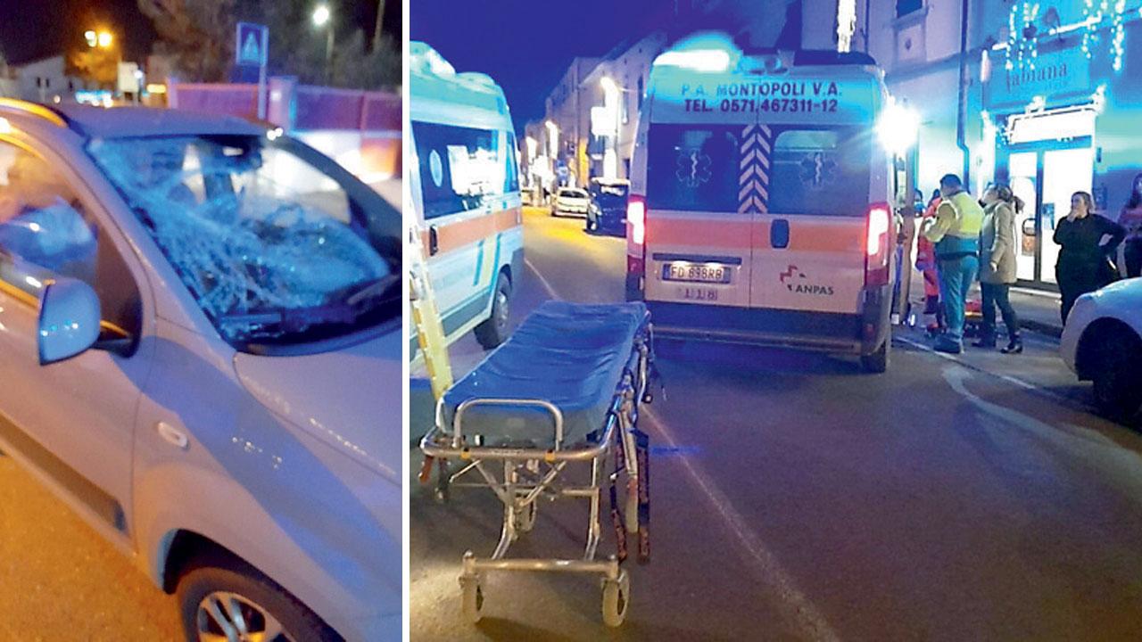 A sinistra il parabrezza sfondato nell’impatto con il pedone e a destra i soccorsi