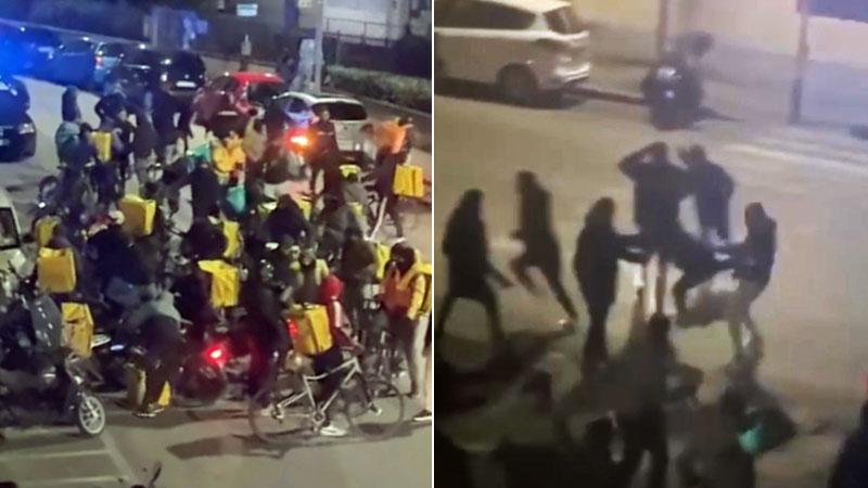 A sinistra i rider soccorrono il compagno rapinato in via delle Gore. A destra il video che documenterebbe la rissa con i rapinatori