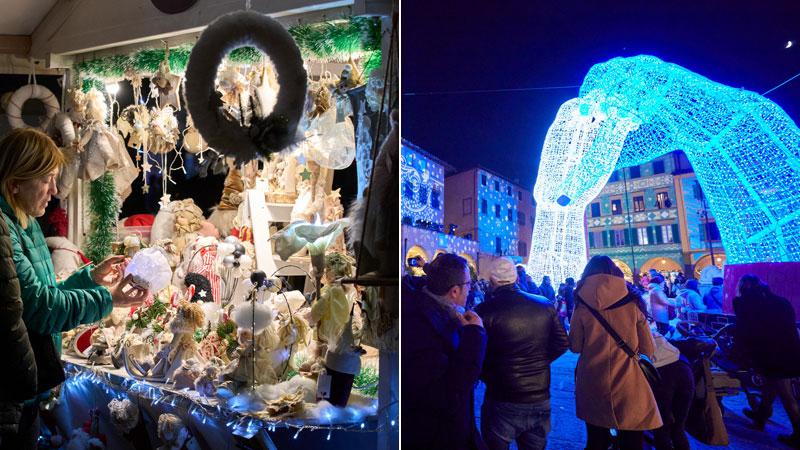 Alcuni clienti ad una bancarella di Natale presente nel centro di Empoli; a destra, piazza Farinata degli Uberti con gli addobbi della Città del Natale