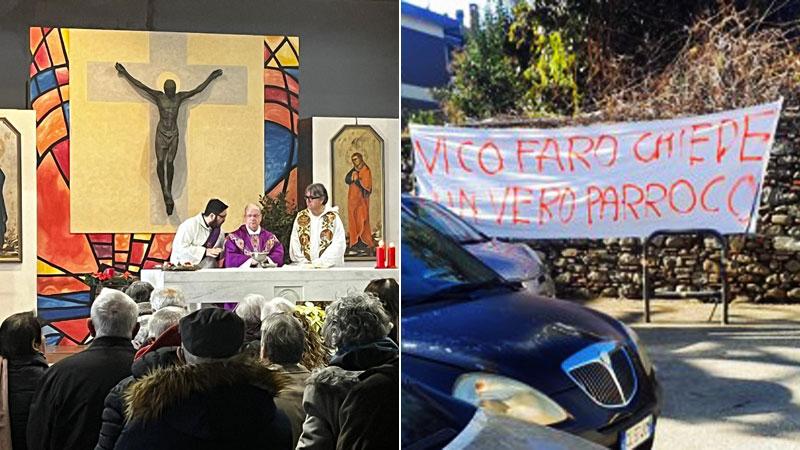 Monsignor Fausto Tardelli (al centro) e a destra don Massimo Biancalani. Uno striscione appeso fuori dalla chiesa contro don Biancalani