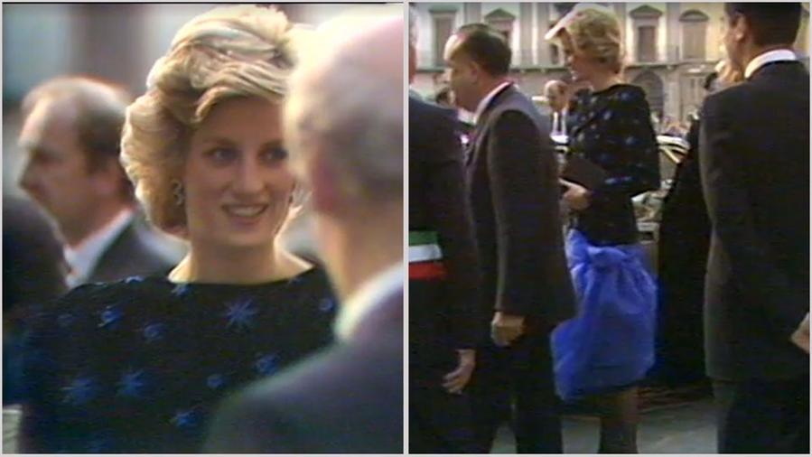 Due foto della principessa Diana a spasso per Firenze con l'iconico abito