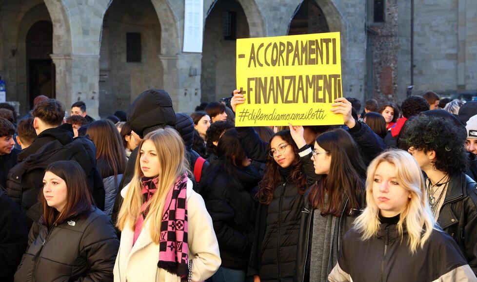 Alcuni studenti dell’Agrario Anzilotti di Pescia, con un cartello che contesta il previsto accorpamento (foto Nucci)