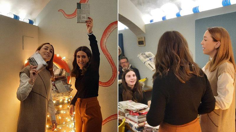 Chiara Agostini e Diletta Capocchi, a destra lo scambio dei libri la scorsa settimana a Molo 16