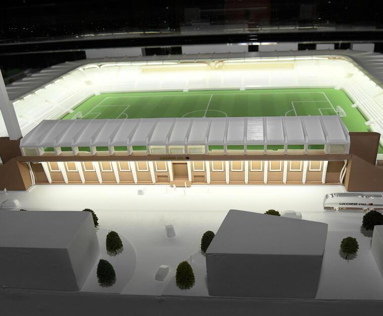 Il modellino col progetto del nuovo stadio Porta Elisa, presentato da Aurora Immobiliare nel giugno del 2021. Ora è tornato all’attenzione del Comune e della società