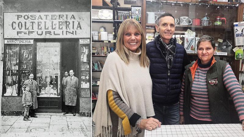 
	A sinistra una foto storica del negozio Furlini. A destra da sinistra la collaboratrice Lorella, Valter e Monica Furlini

