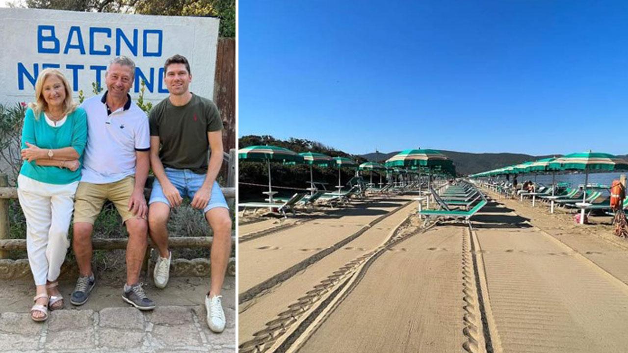 A sinistra moglie, marito e figlio. A destra la spiaggia del Nettuno