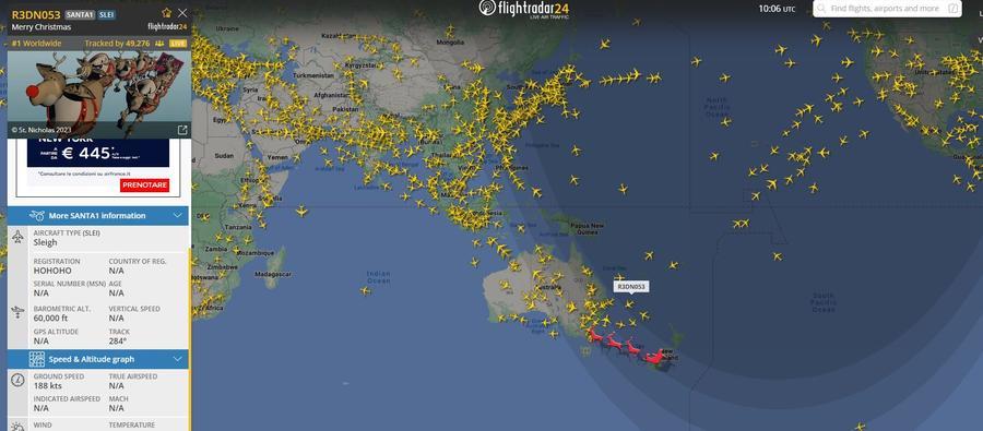 La slitta di Babbo Natale è in volo: su Flightradar24 il fantatracking in tempo reale
