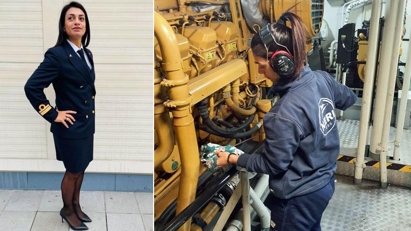Gaia Marconcini in uniforme e durante il suo lavoro di direttrice di macchina su navi