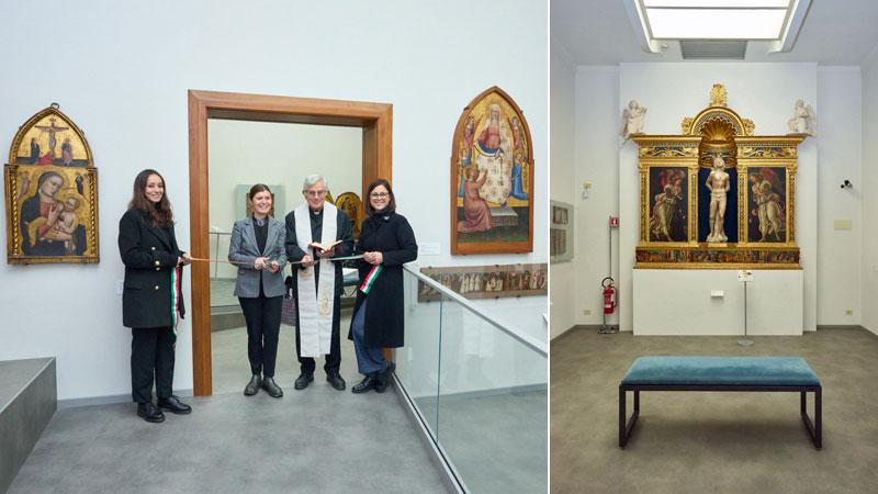 La sindaca Brenda Barnini, l’assessora alla cultura Giulia Terreni, la direttrice del sistema museale Cristina Gelli e il proposto della Collegiata don Guido Engels; a destra una sala del museo (Foto Juri Autovino)