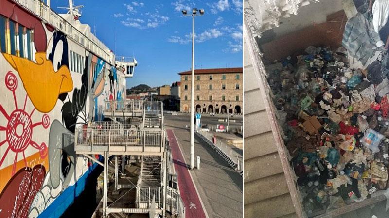 
	A sinistra il palazzo del Copped&egrave; in una foto scattata da un traghetto e a destra cumuli di rifiuti nel vano scale dell&rsquo;edificio in una foto scattata di recente

