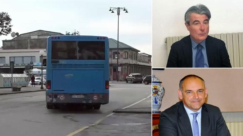 Il capolinea dei bus in piazza D’Azeglio. In alto Stefano Baccelli, assessore regionale ai trasporti, sotto Luca Mensini, presidente della Provincia di Lucca