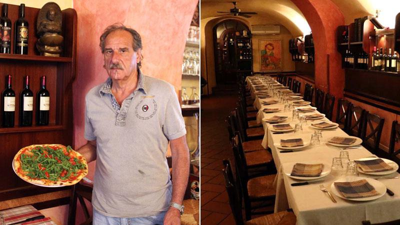 Piero Carnevali mentre serve una delle sue pizze (la foto è di alcuni anni fa). L’interno del locale (foto d’archivio)