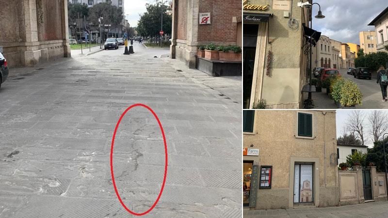 Nella foto grande, il punto in cui è scoppiato il botto davanti al varco di Porta Corsica e il sangue in terra. Sotto il varco c’è una telecamera. Nelle foto piccole le altre telecamere di piazza Gioberti